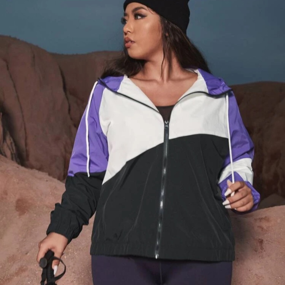 Colorblock Drawstring Zipper Windbreaker Jacket